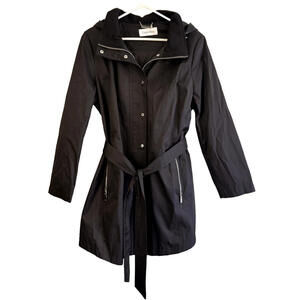 Calvin Klein Women Jacket Sz M Trench Coat Black Slash Pocket Removable Hooded